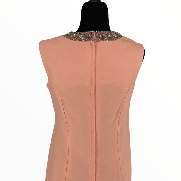 60’s Vintage 2 Piece Peach Sleeveless Rhinestone Beaded Collar Dress and Jacket - Picture 7 of 15